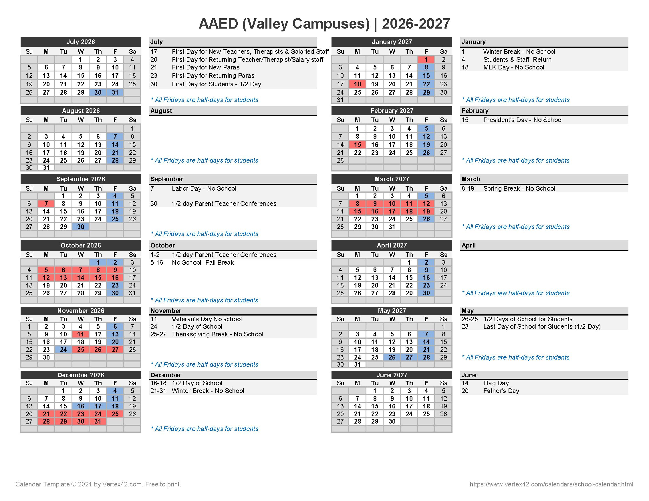2026-2027 Valley Campuses Calendar